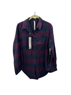 Lululemon Full Day Ahead Womens Button-Up Flannel Shirt Navy & Purple Plaid Sz 4